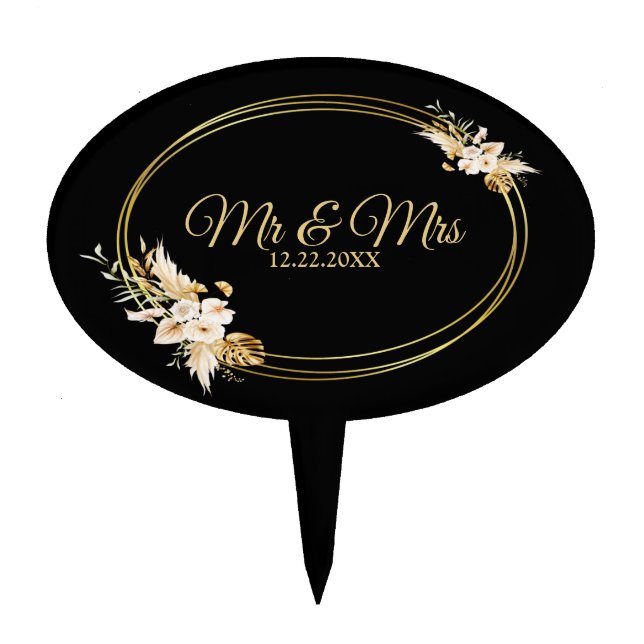 Wedding Party Blush Pink Floral Gold Black Cake Topper (Front)