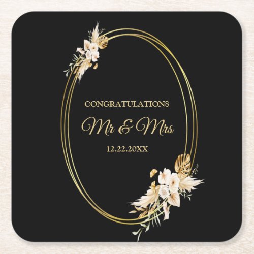 Wedding Party Blush Pink Floral Gold Black Square Paper Coaster