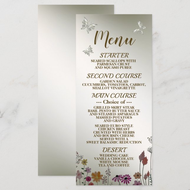Wedding Party Colorful Garden Flowers Butterflies Menu (Front/Back)