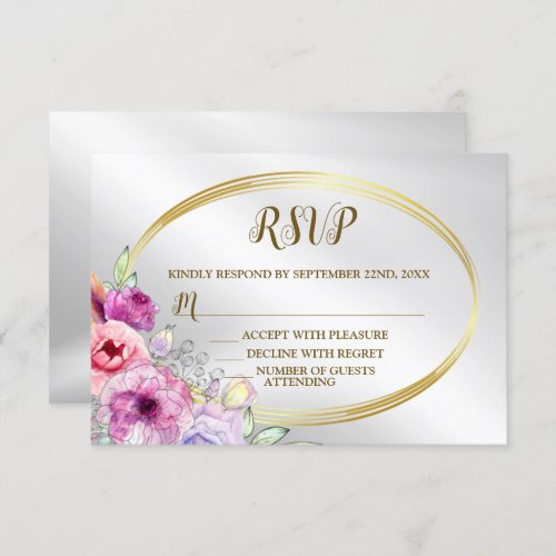 Wedding PartyColorful Pink Floral Golden Frame RSVP Card
