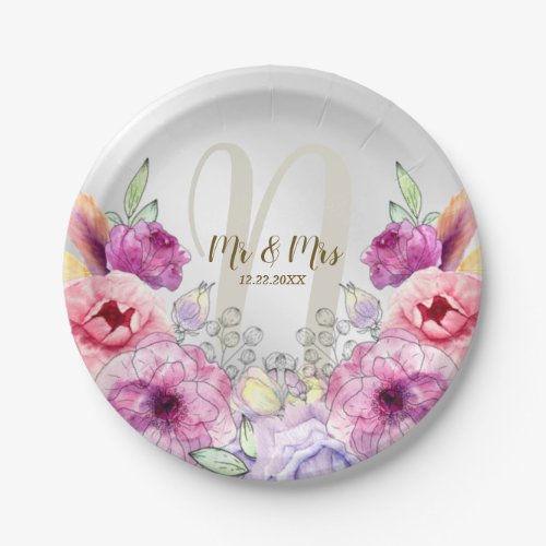 Wedding Party Colorful Pink Floral Golden Rustic Paper Plates
