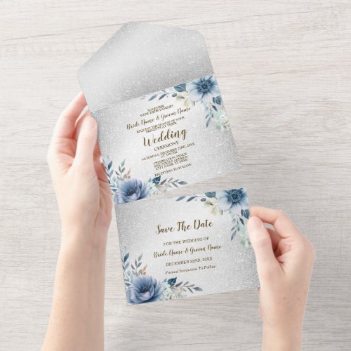 Wedding Party Dusty Blue Watercolor Flowers Silver All In One Invitation
