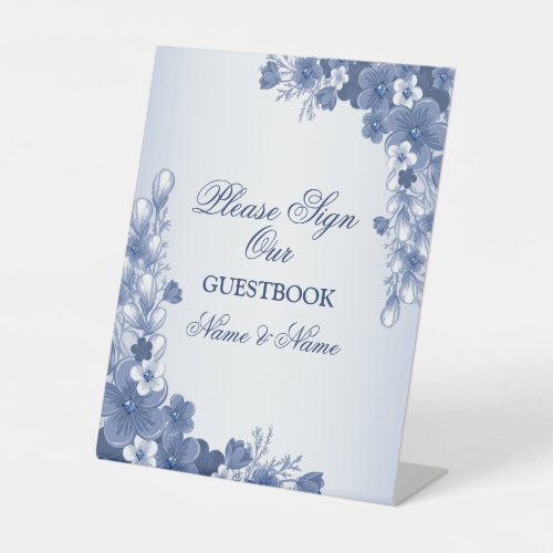 Wedding Party Floral Blue Gray Rustic Elegant Pedestal Sign