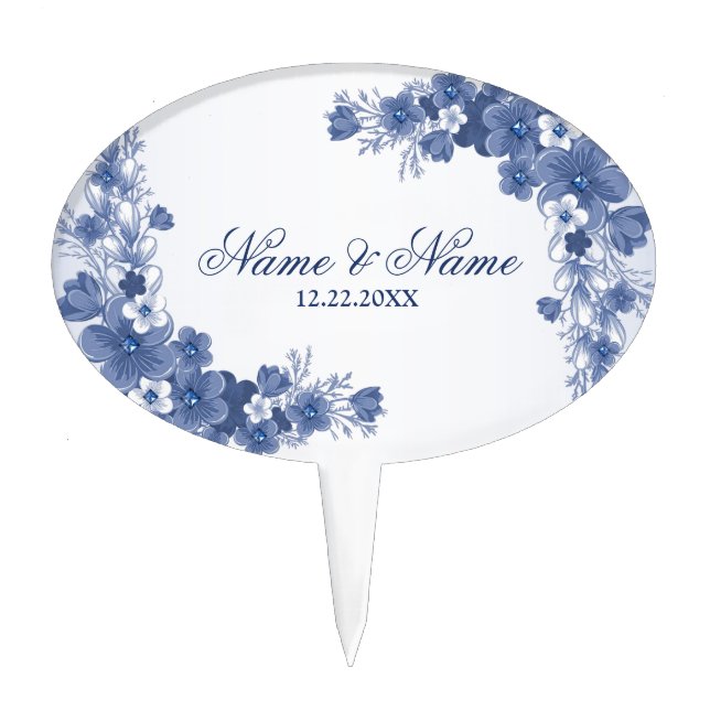 Wedding Party Floral Blue Gray White Rustic Cake Topper (Front)