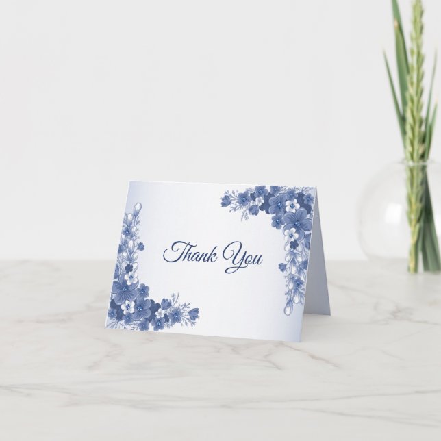 Wedding Party Floral Blue Gray White Rustic Thank You Card (Front)