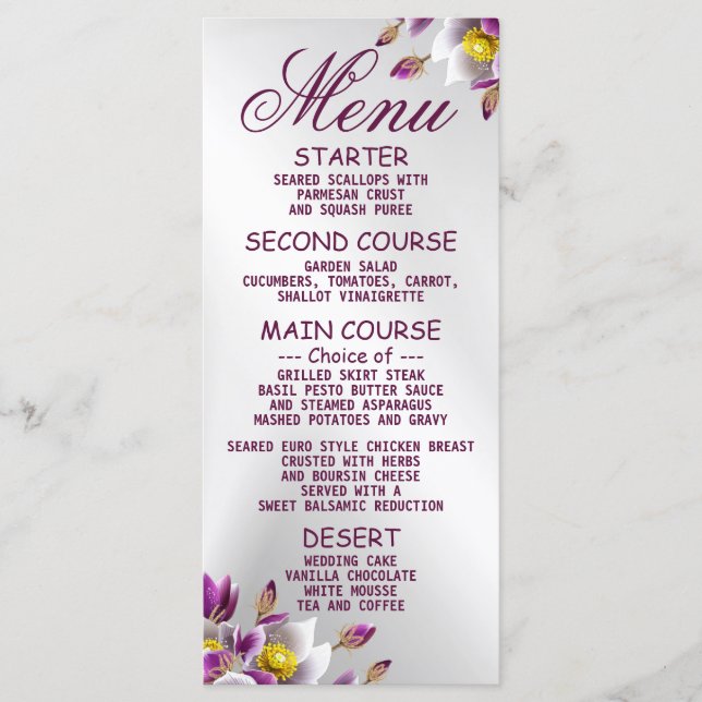Wedding Party Floral Pink Purple Silver Dinner Menu (Front)
