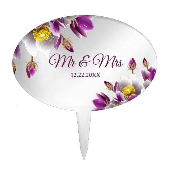 Wedding Party Floral Pink Purple Silver Elegant Cake Topper (Front)