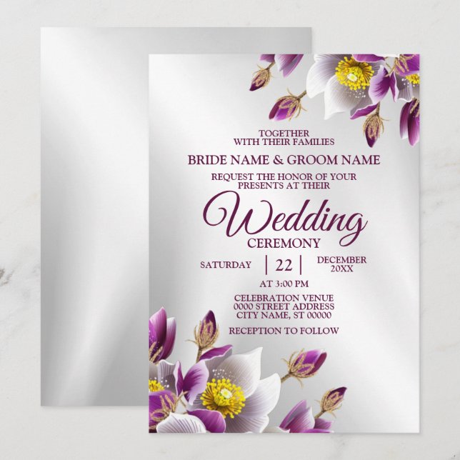 Wedding Party Floral Pink Purple Silver Elegant Invitation (Front/Back)