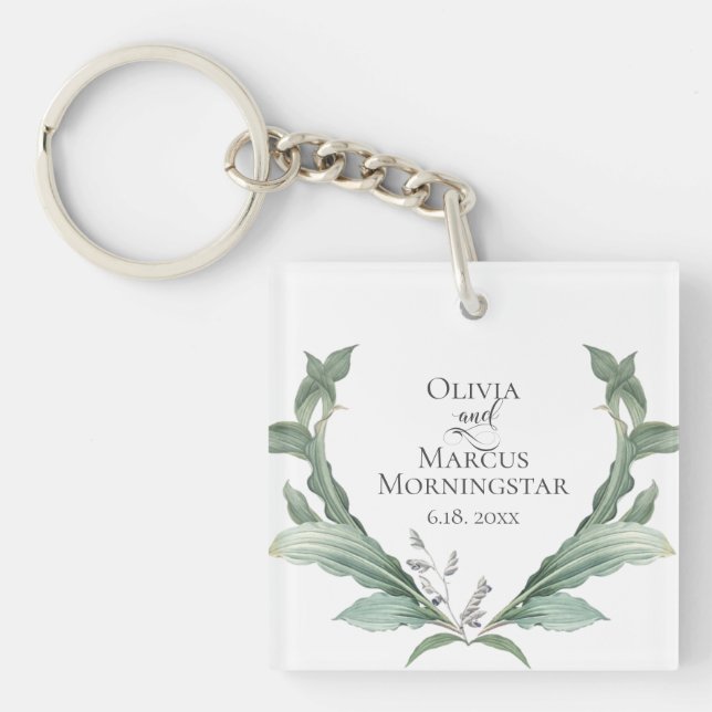 Wedding Party Gift Modern Elegant Tropical Leaves Keychain (Front)