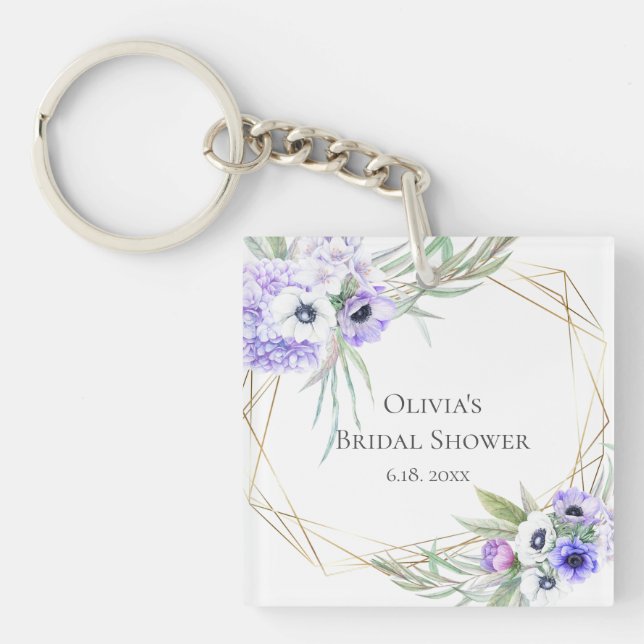 Wedding Party Gift Violet Anemone Floral Bouquet Keychain (Front)