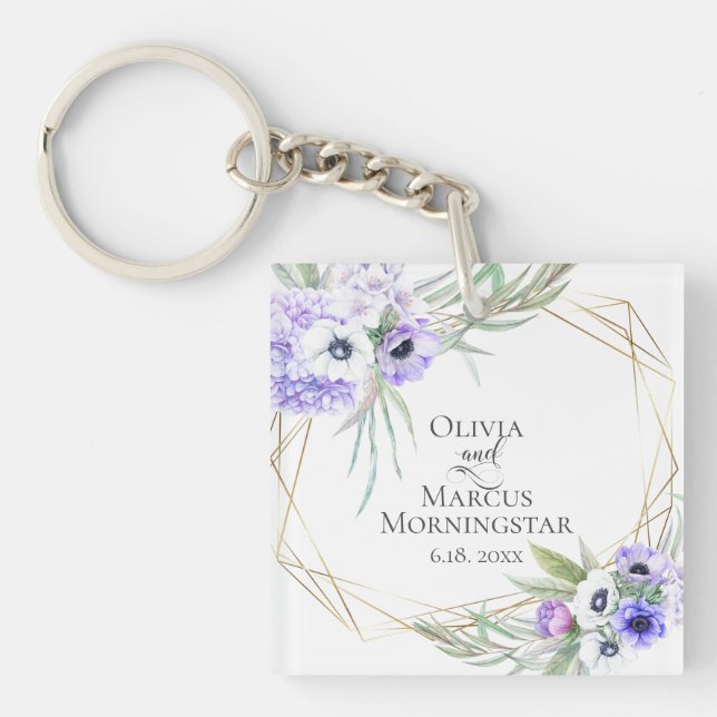 Wedding Party Gift Violet Anemone Floral Bouquet Keychain (Front)