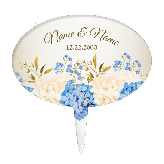 Wedding Party Golden Blue Yellow Floral Rustic Cake Topper (Front)