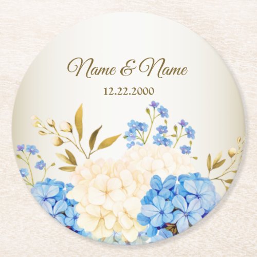 Wedding Party Golden Blue Yellow Floral Rustic Round Paper Coaster