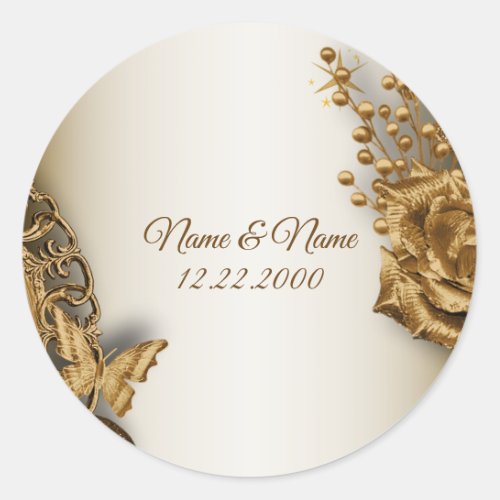 Wedding Party Golden Floral Butterfly Vintage Classic Round Sticker