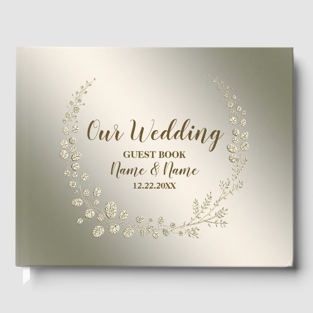 Wedding Party Golden Floral Leaves Wreath Elegant Guest Book (Front)
