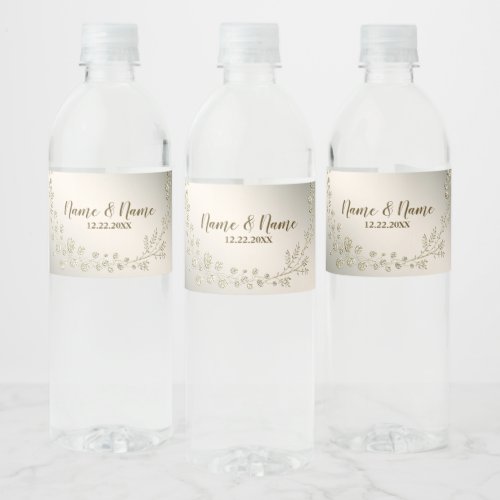 Wedding Party Golden Floral Leaves Wreath Elegant Water Bottle Label