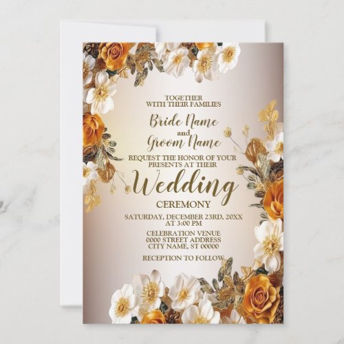 Wedding Party Golden Orange White Flowers Elegant Invitation