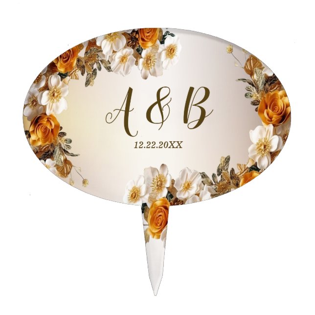 Wedding Party Golden Orange White Flowers Rustic Cake Topper (Front)