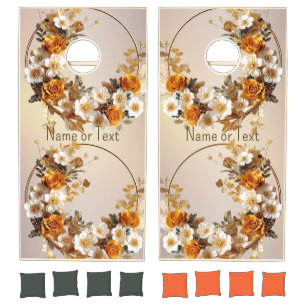 Wedding Party Golden Orange White Flowers Rustic Cornhole Set