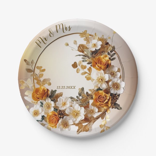 Wedding Party Golden Orange White Flowers Rustic Paper Plates (Front)