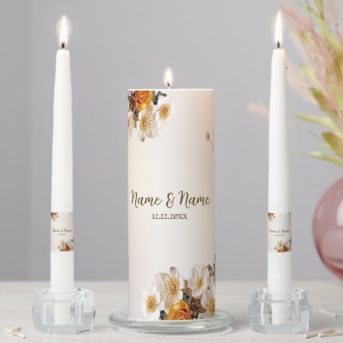 Wedding Party Golden Orange White Flowers Rustic Unity Candle Set