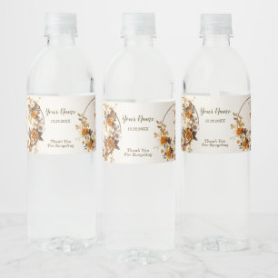 Wedding Party Golden Orange White Flowers Rustic Water Bottle Label