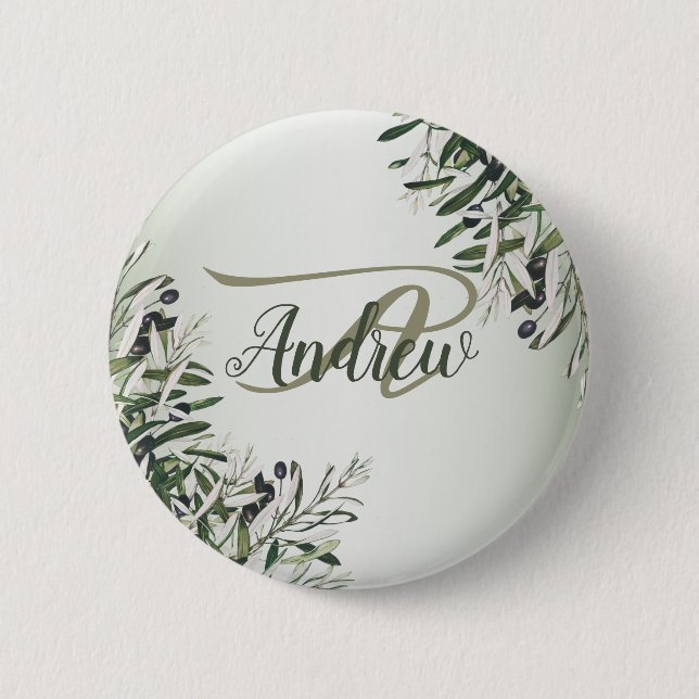 Wedding Party Green Leaves Black Olive Elegant Button (Front)