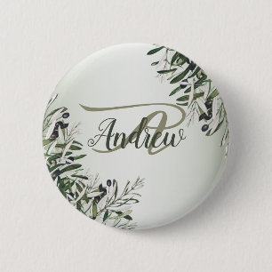 Wedding Party Green Leaves Black Olive Elegant Button