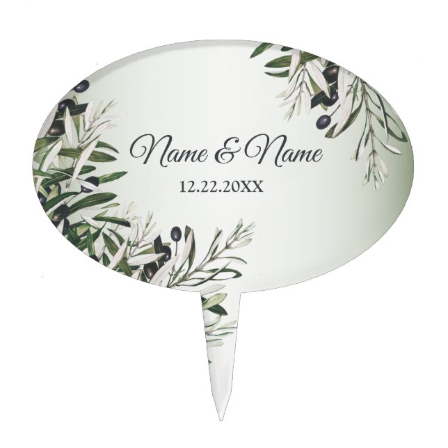 Wedding Party Green Leaves Black Olive Elegant Cake Topper (Front)