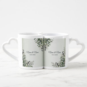 Wedding Party Green Leaves Black Olive Elegant Coffee Mug Set