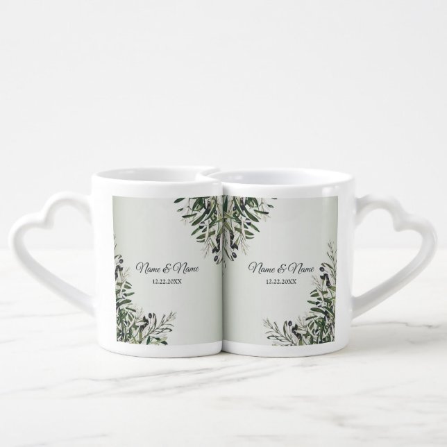 Wedding Party Green Leaves Black Olive Elegant Coffee Mug Set (Back Nesting)