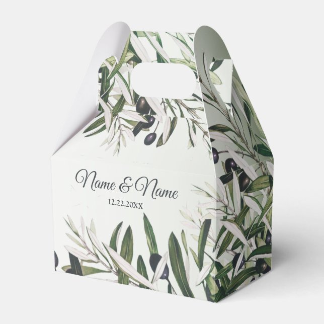 Wedding Party Green Leaves Black Olive Elegant Favor Boxes (Front Side)