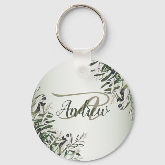 Wedding Party Green Leaves Black Olive Elegant Keychain (Front)