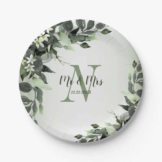 Wedding Party Greenery Floral Eucalyptus Leaves Paper Plates (Front)