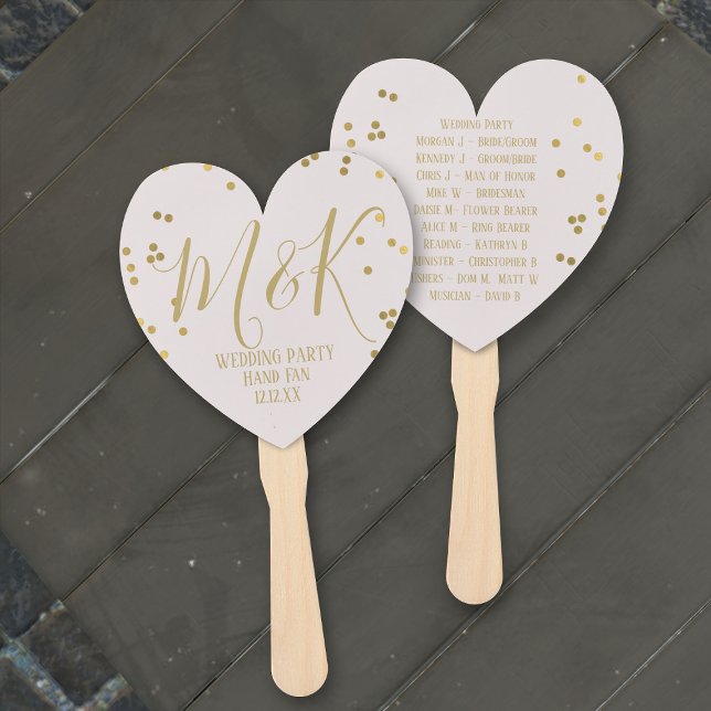 Wedding Party Hand Fans Gold Confetti Bridal Blush (Gold Confetti on Blue Pink Wedding Program Hand Fans with space for your details)