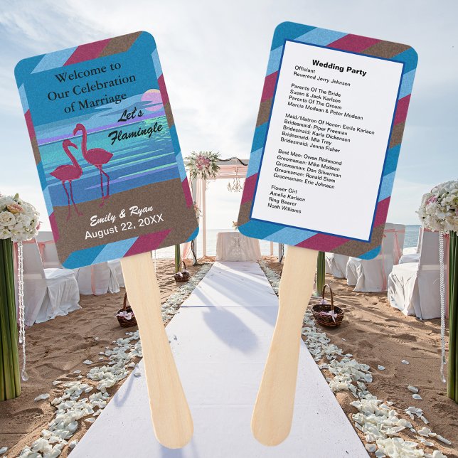 Wedding Party Let's Flamingle Bird Beach at Dusk Hand Fan (Creator Uploaded)