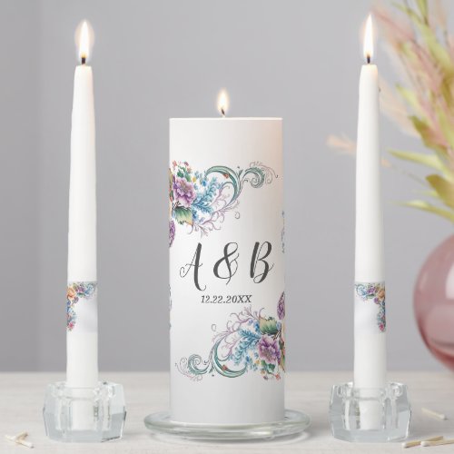 Wedding Party Monogram Colorful Flowers Modern Unity Candle Set