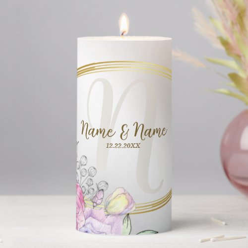 Wedding Party Monogram Colorful Pink Floral Golden Pillar Candle