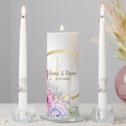 Wedding Party Monogram Colorful Pink Floral Golden Unity Candle Set