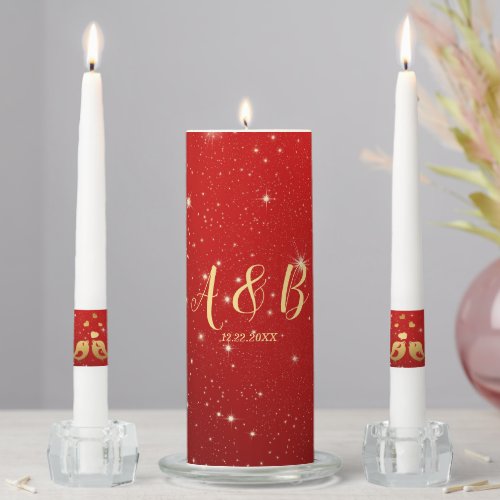 Wedding Party Monogram Golden Birds Hearts Red Unity Candle Set