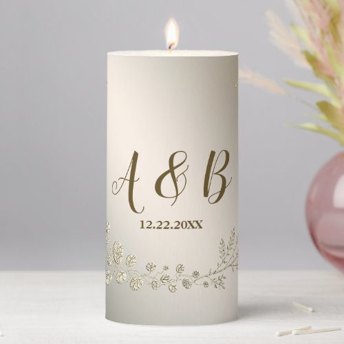 Wedding Party MonogramGolden Floral Leaves Wreath Pillar Candle