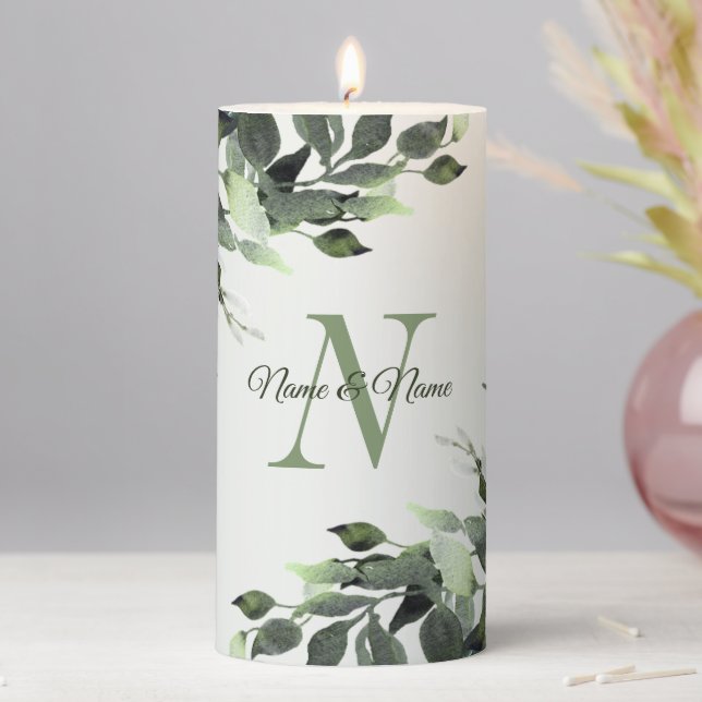 Wedding Party Monogram Name Greenery Floral Leaves Pillar Candle (In Situ)