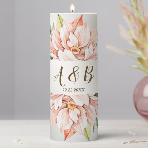 Wedding Party Monogram Peach Orange Floral Rustic Pillar Candle