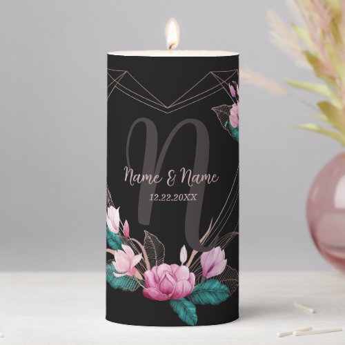 Wedding Party MonogramPink Floral Geometric Frame Pillar Candle