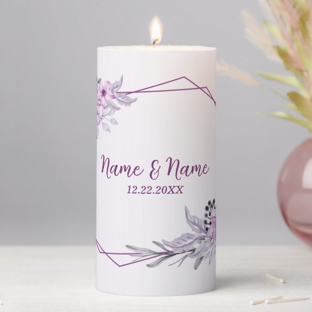 Wedding Party Monogram Pink Floral Violet Purple Pillar Candle (In Situ)