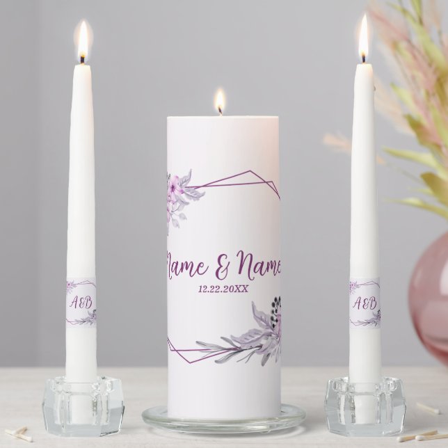 Wedding Party Monogram Pink Floral Violet Purple Unity Candle Set (In Situ)