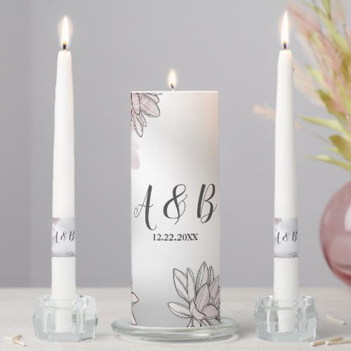 Wedding Party Monogram Pink Flowers Silver Elegant Unity Candle Set