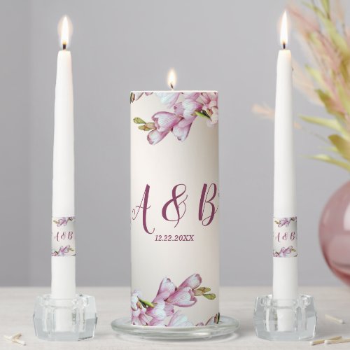 Wedding Party Monogram Pink White Flowers Elegant Unity Candle Set