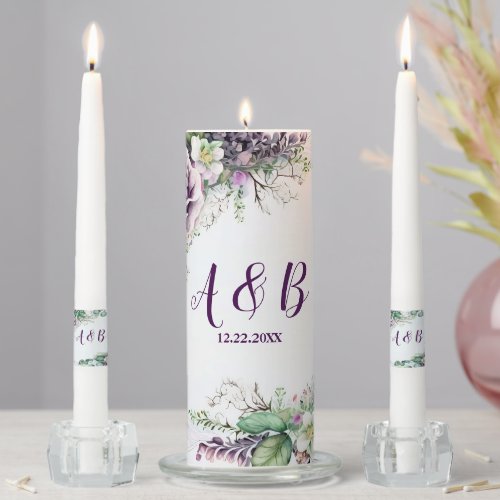 Wedding Party Monogram Purple Floral Green Foliage Unity Candle Set