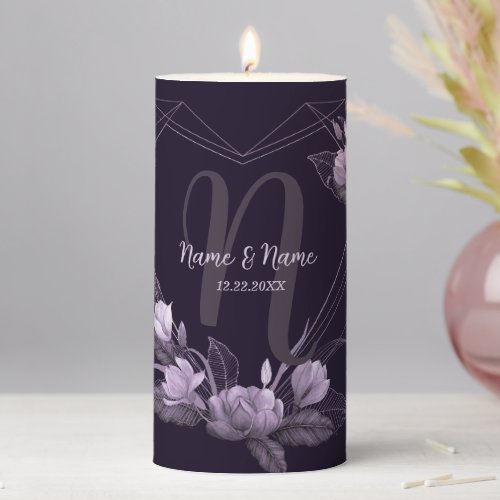 Wedding Party Monogram Purple Floral Violet Pillar Candle